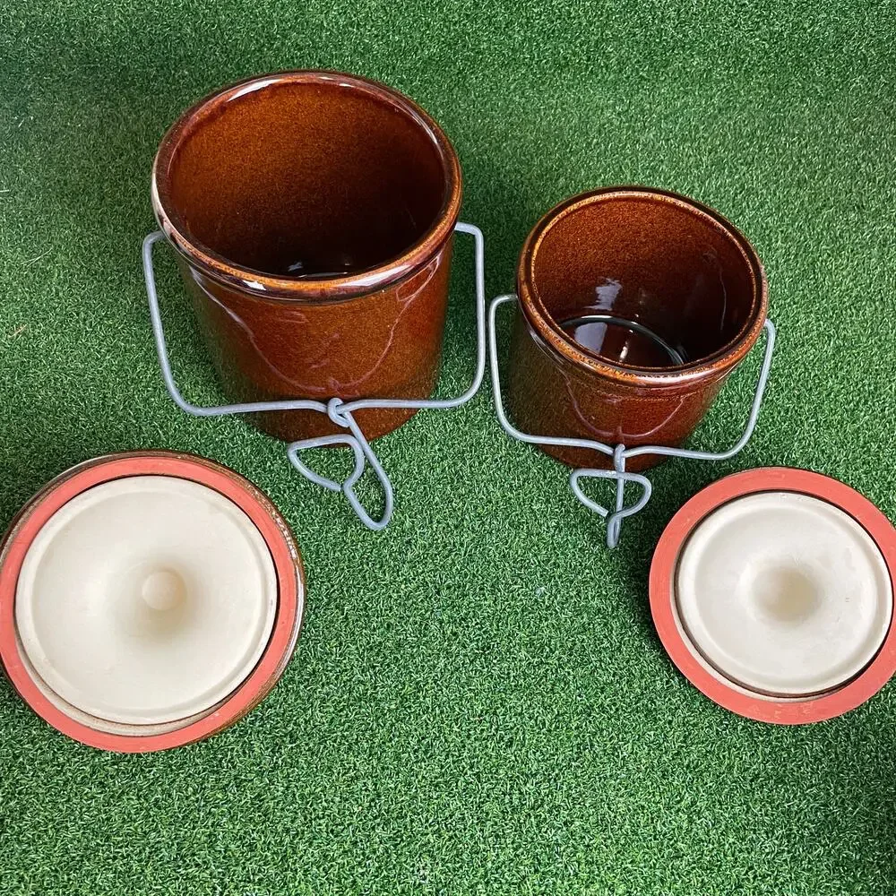 Vintage Brown Glaze Stoneware Cheese Crocks with Wire Latch Lids Lot